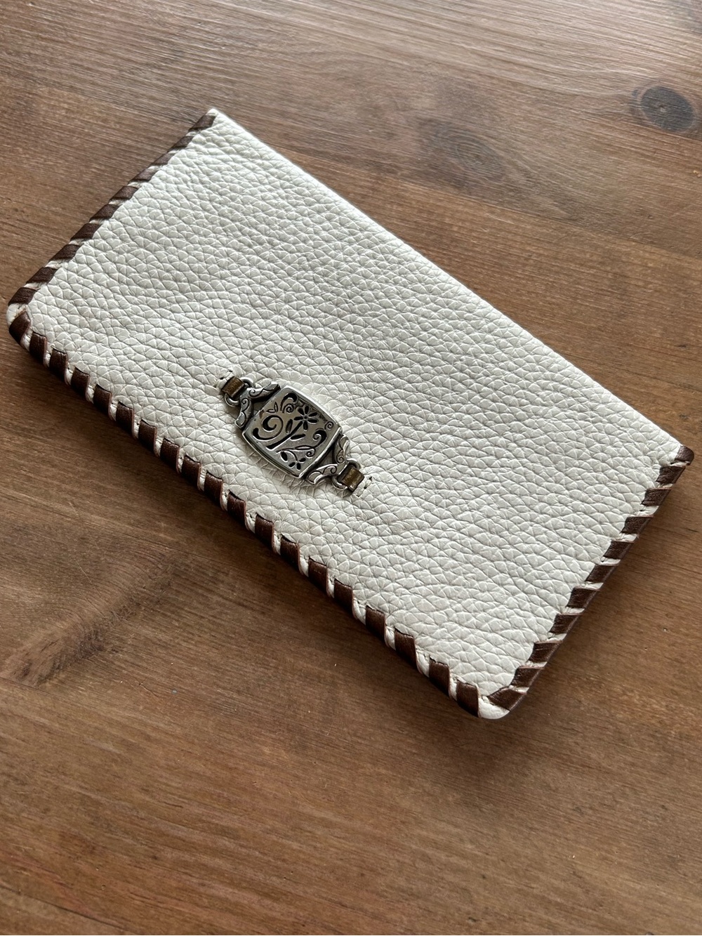 Brighton Cream Leather Wallet Checkbook Cover, Card Holder Brown Whipstitch Trim